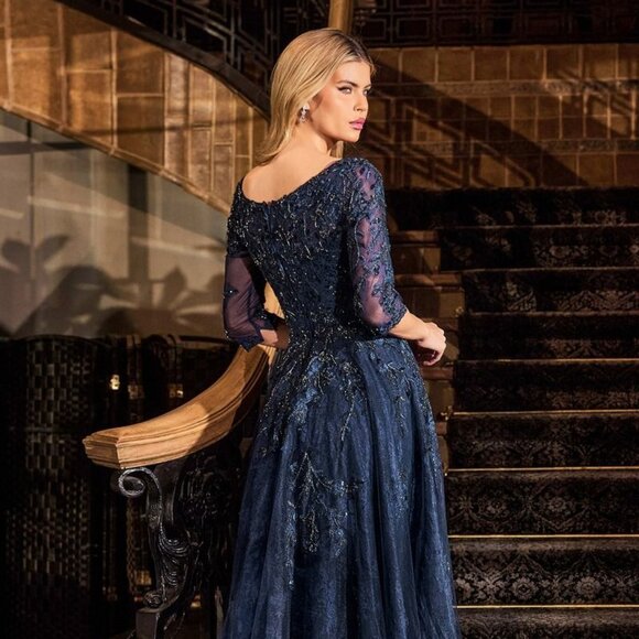 New Evening Long Tulle Ball Dress w/ 3/4 Sleeves & Scoop Neckline CD CK2401 - Picture 7 of 9